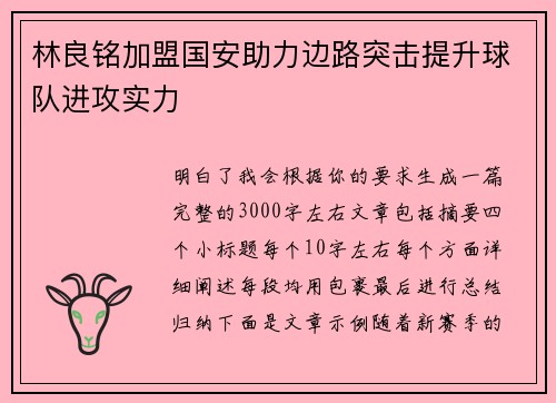 林良铭加盟国安助力边路突击提升球队进攻实力