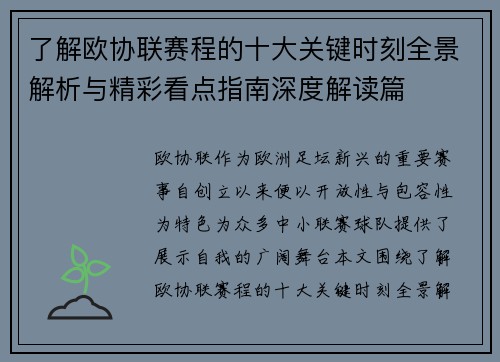 了解欧协联赛程的十大关键时刻全景解析与精彩看点指南深度解读篇