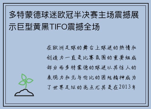 多特蒙德球迷欧冠半决赛主场震撼展示巨型黄黑TIFO震撼全场